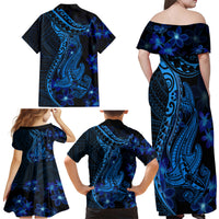 Blue Polynesia Shark Tattoo Family Matching Off Shoulder Maxi Dress and Hawaiian Shirt With Polynesian Plumeria LT14 - Polynesian Pride