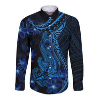 Blue Polynesia Shark Tattoo Long Sleeve Button Shirt With Polynesian Plumeria LT14 Unisex Blue - Polynesian Pride