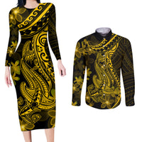 Gold Polynesia Shark Tattoo Couples Matching Long Sleeve Bodycon Dress and Long Sleeve Button Shirt With Polynesian Plumeria LT14 Gold - Polynesian Pride