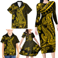 Gold Polynesia Shark Tattoo Family Matching Long Sleeve Bodycon Dress and Hawaiian Shirt With Polynesian Plumeria LT14 - Polynesian Pride