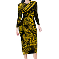 Gold Polynesia Shark Tattoo Family Matching Long Sleeve Bodycon Dress and Hawaiian Shirt With Polynesian Plumeria LT14 Mom's Dress Gold - Polynesian Pride