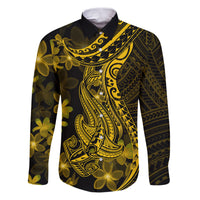 Gold Polynesia Shark Tattoo Family Matching Puletasi Dress and Hawaiian Shirt With Polynesian Plumeria LT14 Dad's Shirt - Long Sleeve Gold - Polynesian Pride