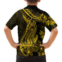 Gold Polynesia Shark Tattoo Family Matching Short Sleeve Bodycon Dress and Hawaiian Shirt With Polynesian Plumeria LT14 - Polynesian Pride