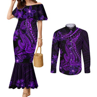 Purple Polynesia Shark Tattoo Couples Matching Mermaid Dress and Long Sleeve Button Shirt With Polynesian Plumeria LT14 Purple - Polynesian Pride