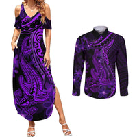 Purple Polynesia Shark Tattoo Couples Matching Summer Maxi Dress and Long Sleeve Button Shirt With Polynesian Plumeria LT14 Purple - Polynesian Pride