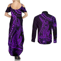 Purple Polynesia Shark Tattoo Couples Matching Summer Maxi Dress and Long Sleeve Button Shirt With Polynesian Plumeria LT14 - Polynesian Pride