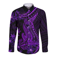 Purple Polynesia Shark Tattoo Long Sleeve Button Shirt With Polynesian Plumeria LT14 Unisex Purple - Polynesian Pride