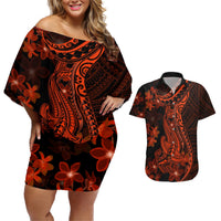 Red Polynesia Couples Matching Off Shoulder Short Dress and Hawaiian Shirt Shark Tattoo With Polynesian Plumeria LT14 Red - Polynesian Pride