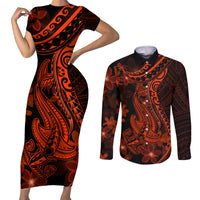 Red Polynesia Couples Matching Short Sleeve Bodycon Dress and Long Sleeve Button Shirt Shark Tattoo With Polynesian Plumeria LT14 Red - Polynesian Pride
