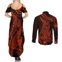 Red Polynesia Couples Matching Summer Maxi Dress and Long Sleeve Button Shirt Shark Tattoo With Polynesian Plumeria LT14 - Polynesian Pride