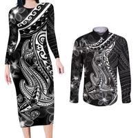 Black Polynesia Couples Matching Long Sleeve Bodycon Dress and Long Sleeve Button Shirt Shark Tattoo With Polynesian Plumeria LT14 Black - Polynesian Pride