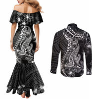 Black Polynesia Couples Matching Mermaid Dress and Long Sleeve Button Shirt Shark Tattoo With Polynesian Plumeria LT14 - Polynesian Pride