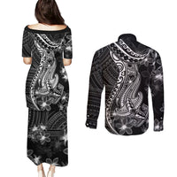 Black Polynesia Couples Matching Puletasi Dress and Long Sleeve Button Shirt Shark Tattoo With Polynesian Plumeria LT14 - Polynesian Pride