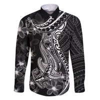 Black Polynesia Family Matching Short Sleeve Bodycon Dress and Hawaiian Shirt Shark Tattoo With Polynesian Plumeria LT14 Dad's Shirt - Long Sleeve Black - Polynesian Pride