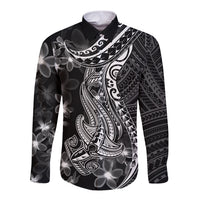 Black Polynesia Long Sleeve Button Shirt Shark Tattoo With Polynesian Plumeria LT14 Unisex Black - Polynesian Pride