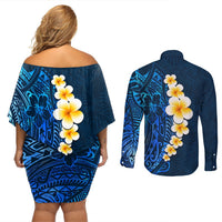 Blue Polynesia Couples Matching Off Shoulder Short Dress and Long Sleeve Button Shirt Plumeria Tropical Leaves With Galaxy Polynesian Art LT14 - Polynesian Pride