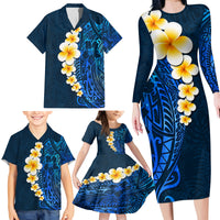 Blue Polynesia Family Matching Long Sleeve Bodycon Dress and Hawaiian Shirt Plumeria Tropical Leaves With Galaxy Polynesian Art LT14 - Polynesian Pride