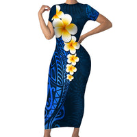 Blue Polynesia Short Sleeve Bodycon Dress Plumeria Tropical Leaves With Galaxy Polynesian Art LT14 Long Dress Blue - Polynesian Pride