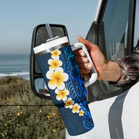 Blue Polynesia Tumbler With Handle Plumeria Tropical Leaves With Galaxy Polynesian Art LT14 - Polynesian Pride
