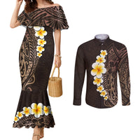 Brown Polynesia Couples Matching Mermaid Dress and Long Sleeve Button Shirt Plumeria Tropical Leaves With Galaxy Polynesian Art LT14 Brown - Polynesian Pride