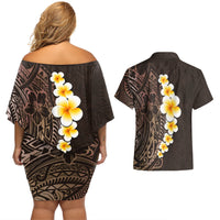 Brown Polynesia Couples Matching Off Shoulder Short Dress and Hawaiian Shirt Plumeria Tropical Leaves With Galaxy Polynesian Art LT14 - Polynesian Pride