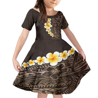 Brown Polynesia Family Matching Off Shoulder Long Sleeve Dress and Hawaiian Shirt Plumeria Tropical Leaves With Galaxy Polynesian Art LT14 Daughter's Dress Brown - Polynesian Pride