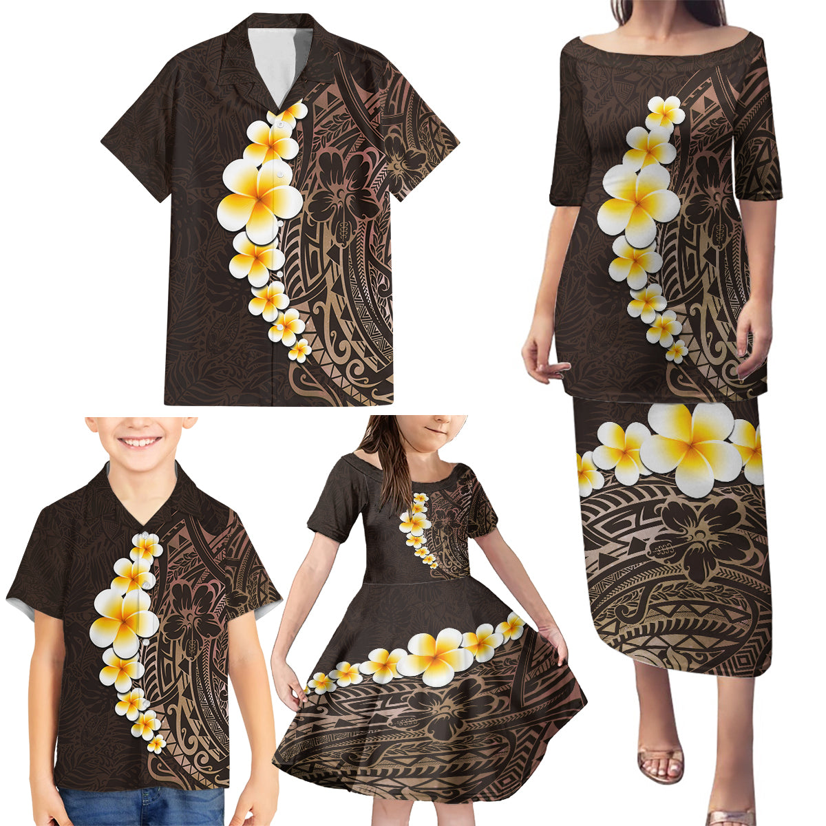 Brown Polynesia Family Matching Puletasi Dress and Hawaiian Shirt Plumeria Tropical Leaves With Galaxy Polynesian Art LT14 - Polynesian Pride