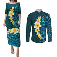 Turquosie Polynesia Couples Matching Puletasi Dress and Long Sleeve Button Shirt Plumeria Tropical Leaves With Galaxy Polynesian Art LT14 Turquoise - Polynesian Pride