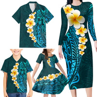 Turquosie Polynesia Family Matching Long Sleeve Bodycon Dress and Hawaiian Shirt Plumeria Tropical Leaves With Galaxy Polynesian Art LT14 - Polynesian Pride