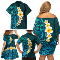 Turquosie Polynesia Family Matching Off Shoulder Short Dress and Hawaiian Shirt Plumeria Tropical Leaves With Galaxy Polynesian Art LT14 - Polynesian Pride