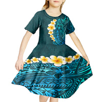 Turquosie Polynesia Kid Short Sleeve Dress Plumeria Tropical Leaves With Galaxy Polynesian Art LT14 - Polynesian Pride