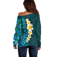 Turquosie Polynesia Off Shoulder Sweater Plumeria Tropical Leaves With Galaxy Polynesian Art LT14 - Polynesian Pride