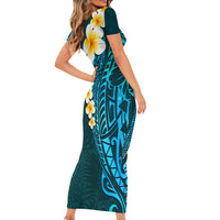 Turquosie Polynesia Short Sleeve Bodycon Dress Plumeria Tropical Leaves With Galaxy Polynesian Art LT14 - Polynesian Pride