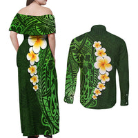 Green Polynesia Couples Matching Off Shoulder Maxi Dress and Long Sleeve Button Shirt Plumeria Tropical Leaves With Galaxy Polynesian Art LT14 - Polynesian Pride
