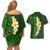 Green Polynesia Couples Matching Off Shoulder Short Dress and Hawaiian Shirt Plumeria Tropical Leaves With Galaxy Polynesian Art LT14 - Polynesian Pride