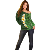 Green Polynesia Off Shoulder Sweater Plumeria Tropical Leaves With Galaxy Polynesian Art LT14 - Polynesian Pride