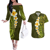 Lime Green Tropical Plumeria With Galaxy Polynesian Art Couples Matching Off The Shoulder Long Sleeve Dress and Hawaiian Shirt LT14 Lime Green - Polynesian Pride