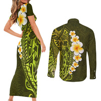 Lime Green Tropical Plumeria With Galaxy Polynesian Art Couples Matching Short Sleeve Bodycon Dress and Long Sleeve Button Shirt LT14 - Polynesian Pride
