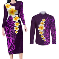 Purple Tropical Plumeria With Galaxy Polynesian Art Couples Matching Long Sleeve Bodycon Dress and Long Sleeve Button Shirt LT14 Purple - Polynesian Pride