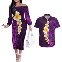 Purple Tropical Plumeria With Galaxy Polynesian Art Couples Matching Off The Shoulder Long Sleeve Dress and Hawaiian Shirt LT14 Purple - Polynesian Pride