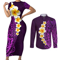 Purple Tropical Plumeria With Galaxy Polynesian Art Couples Matching Short Sleeve Bodycon Dress and Long Sleeve Button Shirt LT14 Purple - Polynesian Pride