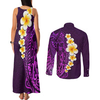 Purple Tropical Plumeria With Galaxy Polynesian Art Couples Matching Tank Maxi Dress and Long Sleeve Button Shirt LT14 - Polynesian Pride