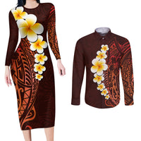 Red Tropical Plumeria With Galaxy Polynesian Art Couples Matching Long Sleeve Bodycon Dress and Long Sleeve Button Shirt LT14 Red - Polynesian Pride