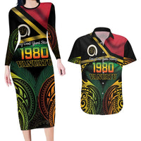Vanuatu 1980 Couples Matching Long Sleeve Bodycon Dress and Hawaiian Shirt Hapi 46 Yia Indipendens Anivesari LT14 Black - Polynesian Pride