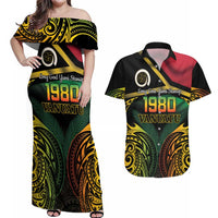 Vanuatu 1980 Couples Matching Off Shoulder Maxi Dress and Hawaiian Shirt Hapi 46 Yia Indipendens Anivesari LT14 Black - Polynesian Pride