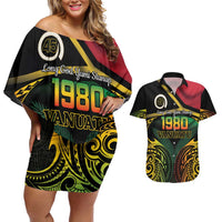 Vanuatu 1980 Couples Matching Off Shoulder Short Dress and Hawaiian Shirt Hapi 46 Yia Indipendens Anivesari LT14 Black - Polynesian Pride