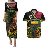 Vanuatu 1980 Couples Matching Puletasi and Hawaiian Shirt Hapi 46 Yia Indipendens Anivesari LT14 Black - Polynesian Pride