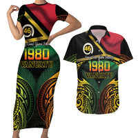 Vanuatu 1980 Couples Matching Short Sleeve Bodycon Dress and Hawaiian Shirt Hapi 46 Yia Indipendens Anivesari LT14 Black - Polynesian Pride