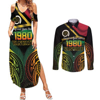 Vanuatu 1980 Couples Matching Summer Maxi Dress and Long Sleeve Button Shirt Hapi 46 Yia Indipendens Anivesari LT14 Black - Polynesian Pride