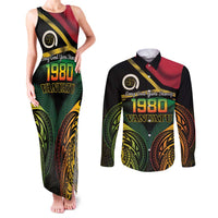 Vanuatu 1980 Couples Matching Tank Maxi Dress and Long Sleeve Button Shirt Hapi 46 Yia Indipendens Anivesari LT14 Black - Polynesian Pride